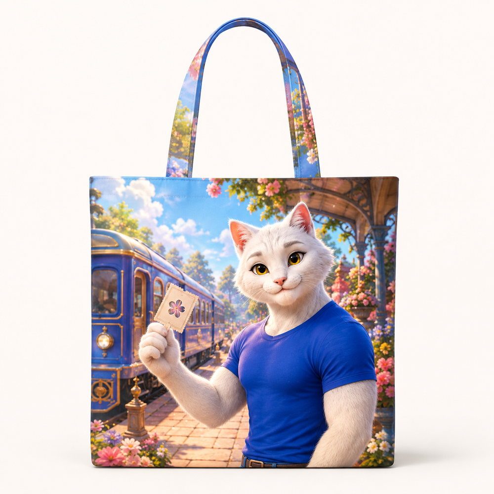 Garden Train Ticket canvas tote bag front view with Dad Cat — The Fluffy Fam