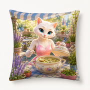Herb Patch Soup Lunch throw pillow front view with Mom Cat — The Fluffy Fam