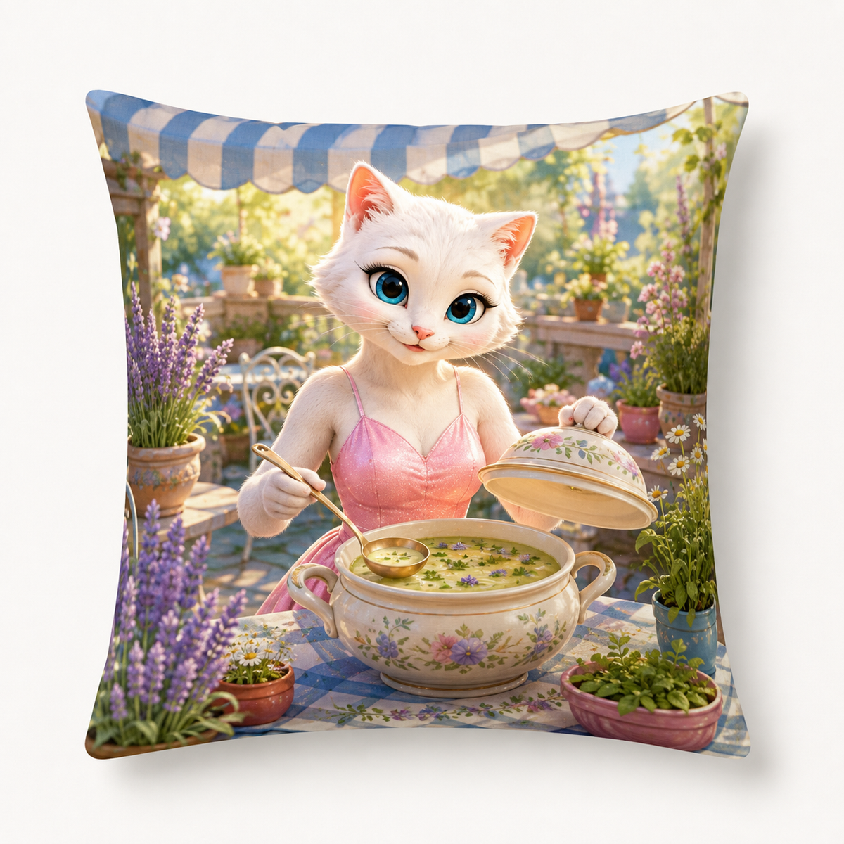 Herb Patch Soup Lunch throw pillow front view with Mom Cat — The Fluffy Fam