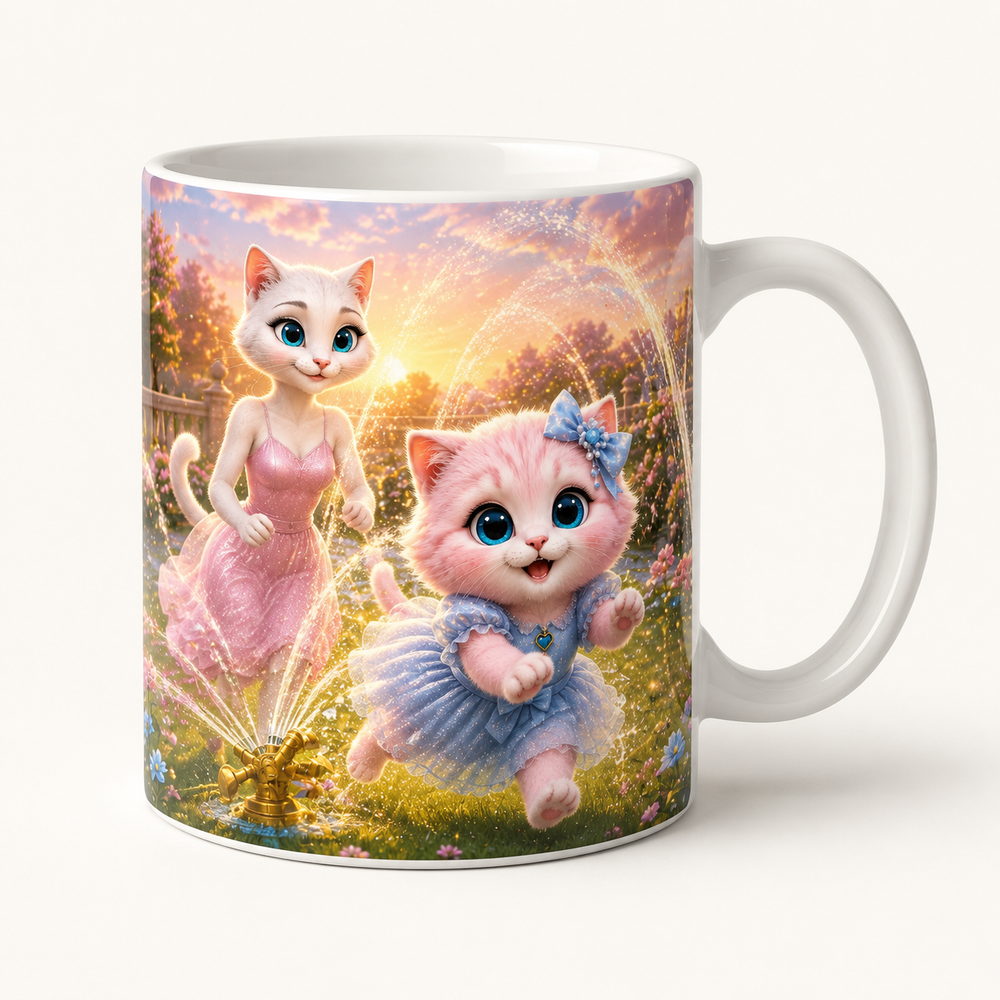 Rainbow Sprinkler Dash ceramic mug front view with Mom Cat and Pink Kitten — The Fluffy Fam