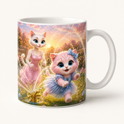 Rainbow Sprinkler Dash ceramic mug front view with Mom Cat and Pink Kitten — The Fluffy Fam