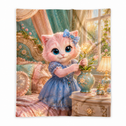 Moonflower Bedtime Glow fleece blanket front view with Pink Kitten — The Fluffy Fam