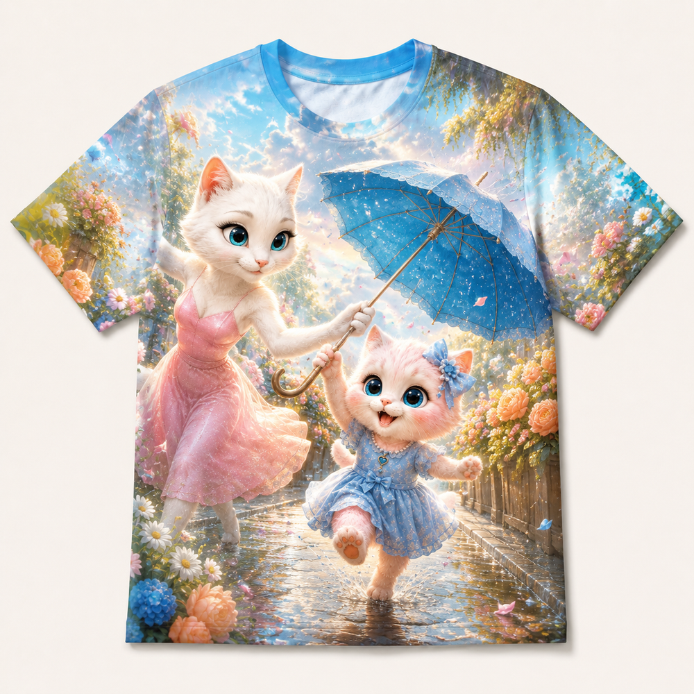 Blue Umbrella Breeze Catch all-over print T-shirt front view with Mom Cat and Pink Kitten — The Fluffy Fam
