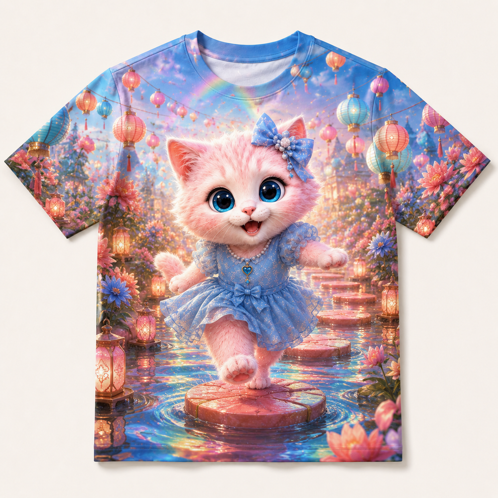 Rainbow Puddle Crossing all-over print T-shirt front view with Pink Kitten — The Fluffy Fam