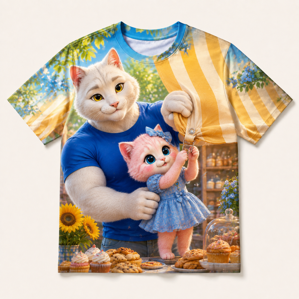 Bakery Awning Button-Up all-over print T-shirt front view with Dad Cat and Pink Kitten — The Fluffy Fam