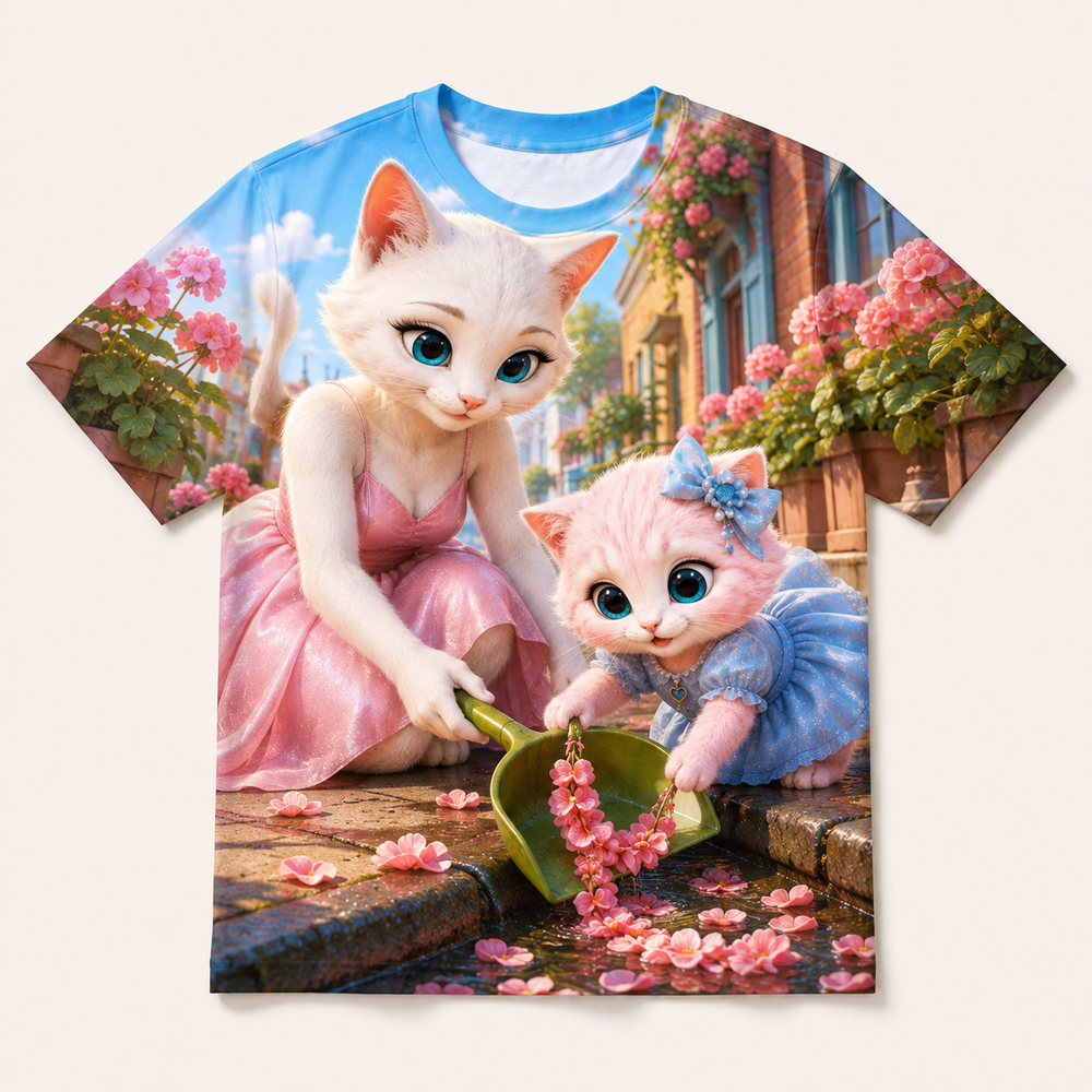 Gutter Garland Rescue all-over print T-shirt front view with Mom Cat and Pink Kitten — The Fluffy Fam