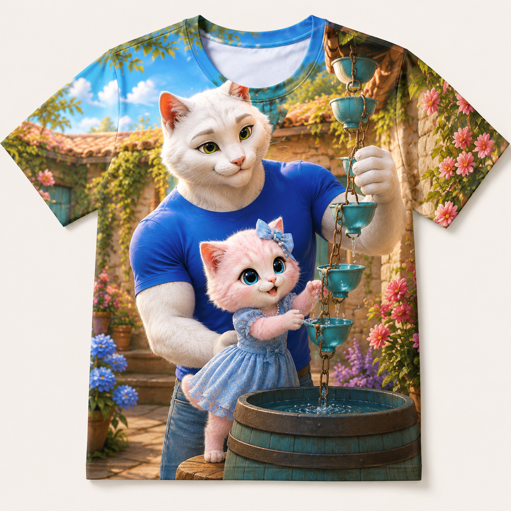 Rain Chain Melody all-over print T-shirt front view with Dad Cat and Pink Kitten — The Fluffy Fam