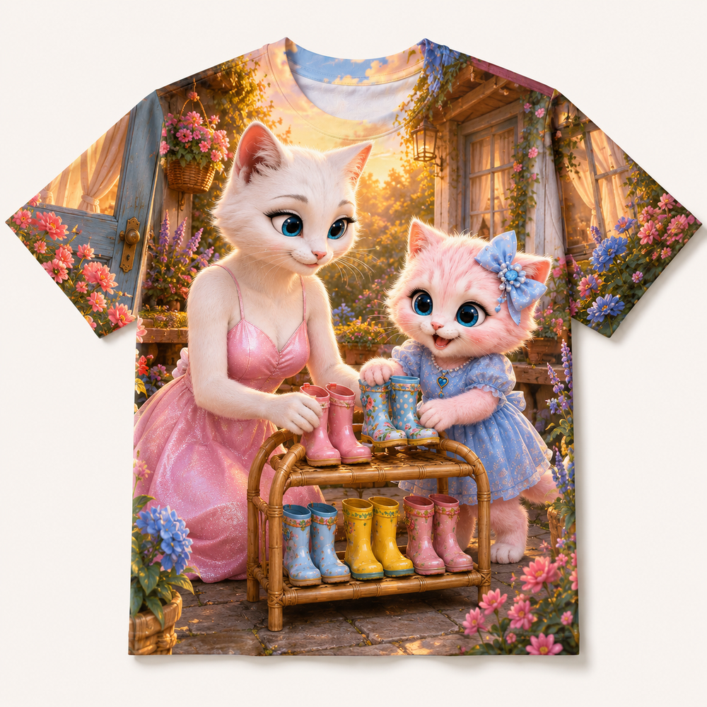 Boot Rack Welcome all-over print T-shirt front view with Mom Cat and Pink Kitten — The Fluffy Fam