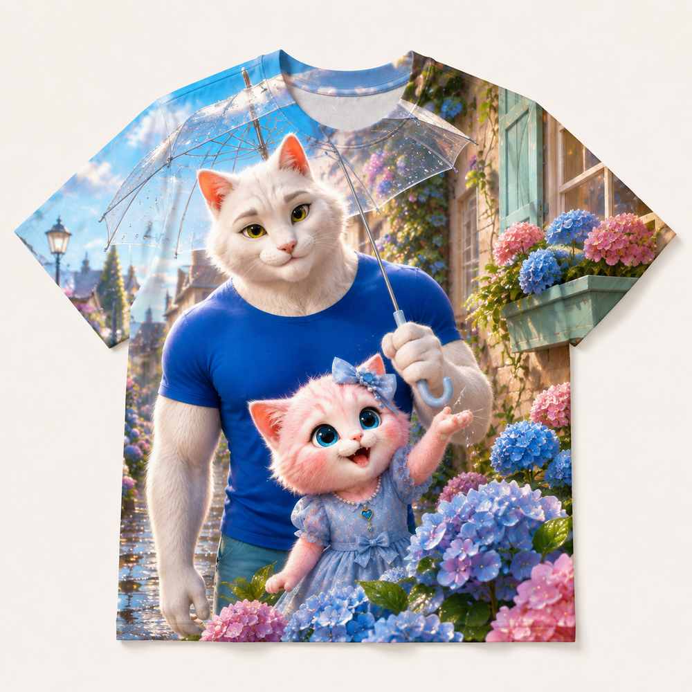 Window Box Flower Shelter all-over print T-shirt front view with Dad Cat and Pink Kitten — The Fluffy Fam