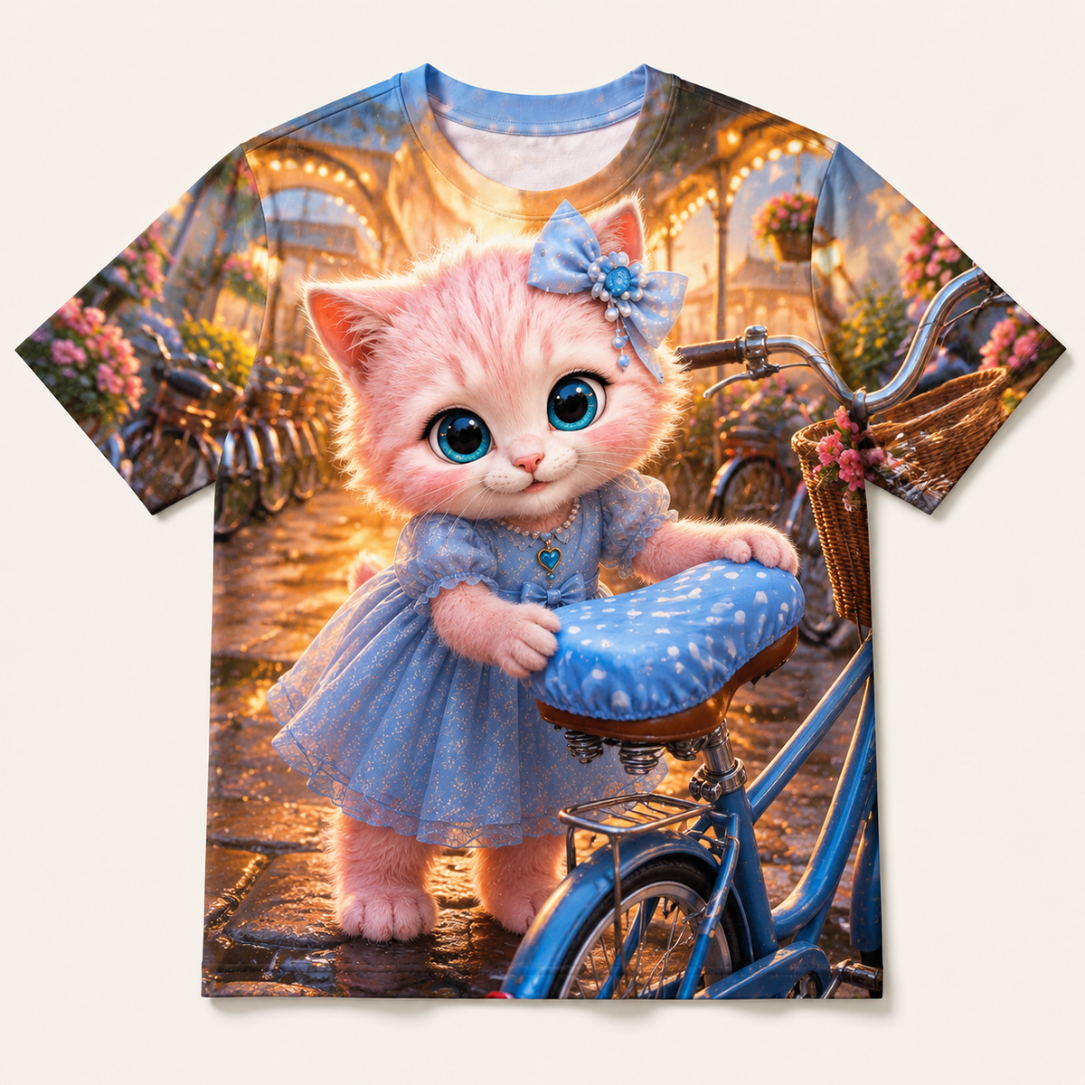 Bicycle Saddle Save all-over print T-shirt front view with Pink Kitten — The Fluffy Fam