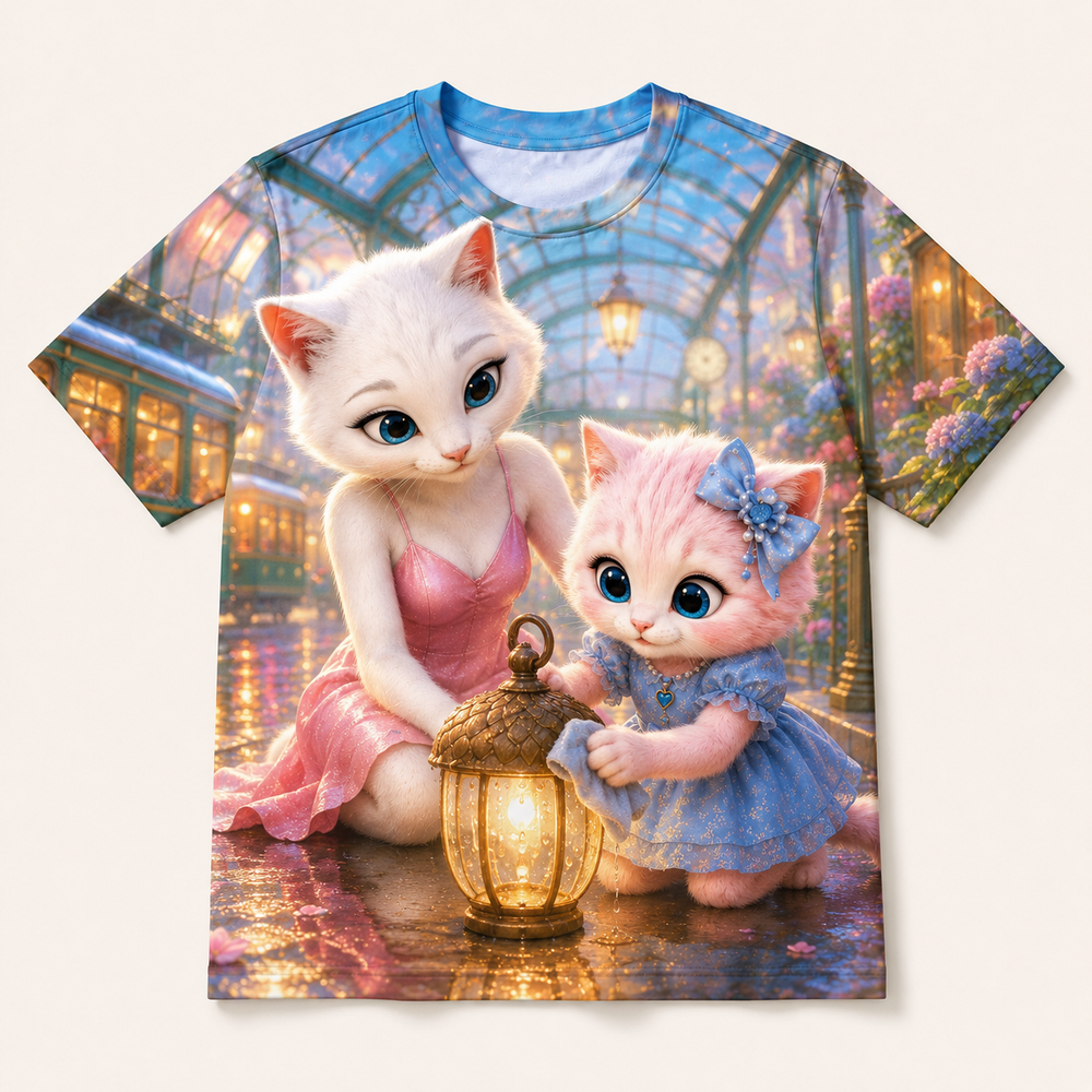 Tram Lantern Dry-Off all-over print T-shirt front view with Mom Cat and Pink Kitten — The Fluffy Fam