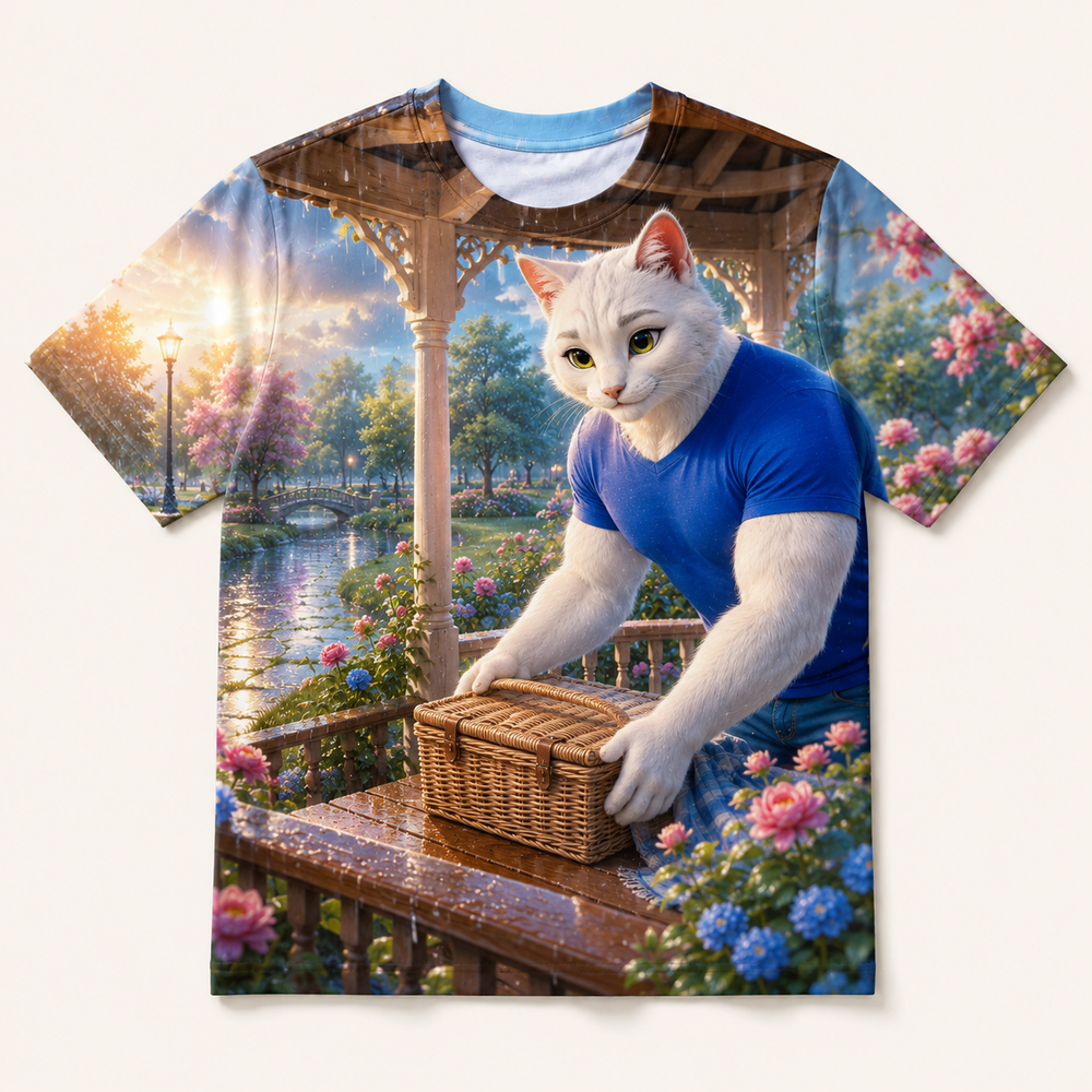 Picnic Basket Pavilion Dash all-over print T-shirt front view with Dad Cat — The Fluffy Fam