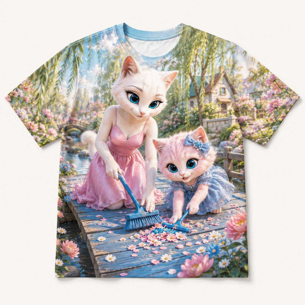 Little Bridge Petal Sweep all-over print T-shirt front view with Mom Cat and Pink Kitten — The Fluffy Fam