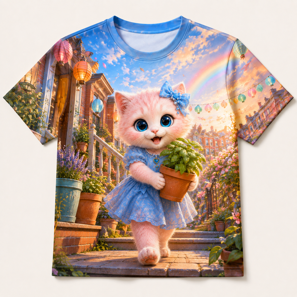 Porch Plant Parade all-over print T-shirt front view with Pink Kitten — The Fluffy Fam