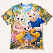 Raincoat Twirl Break all-over print T-shirt front view with the whole cat family — The Fluffy Fam