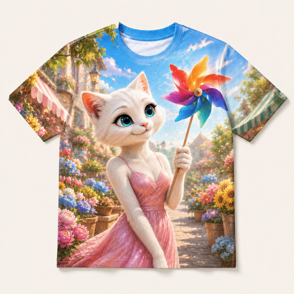 Puddle Pinwheel Test all-over print T-shirt front view with Mom Cat — The Fluffy Fam
