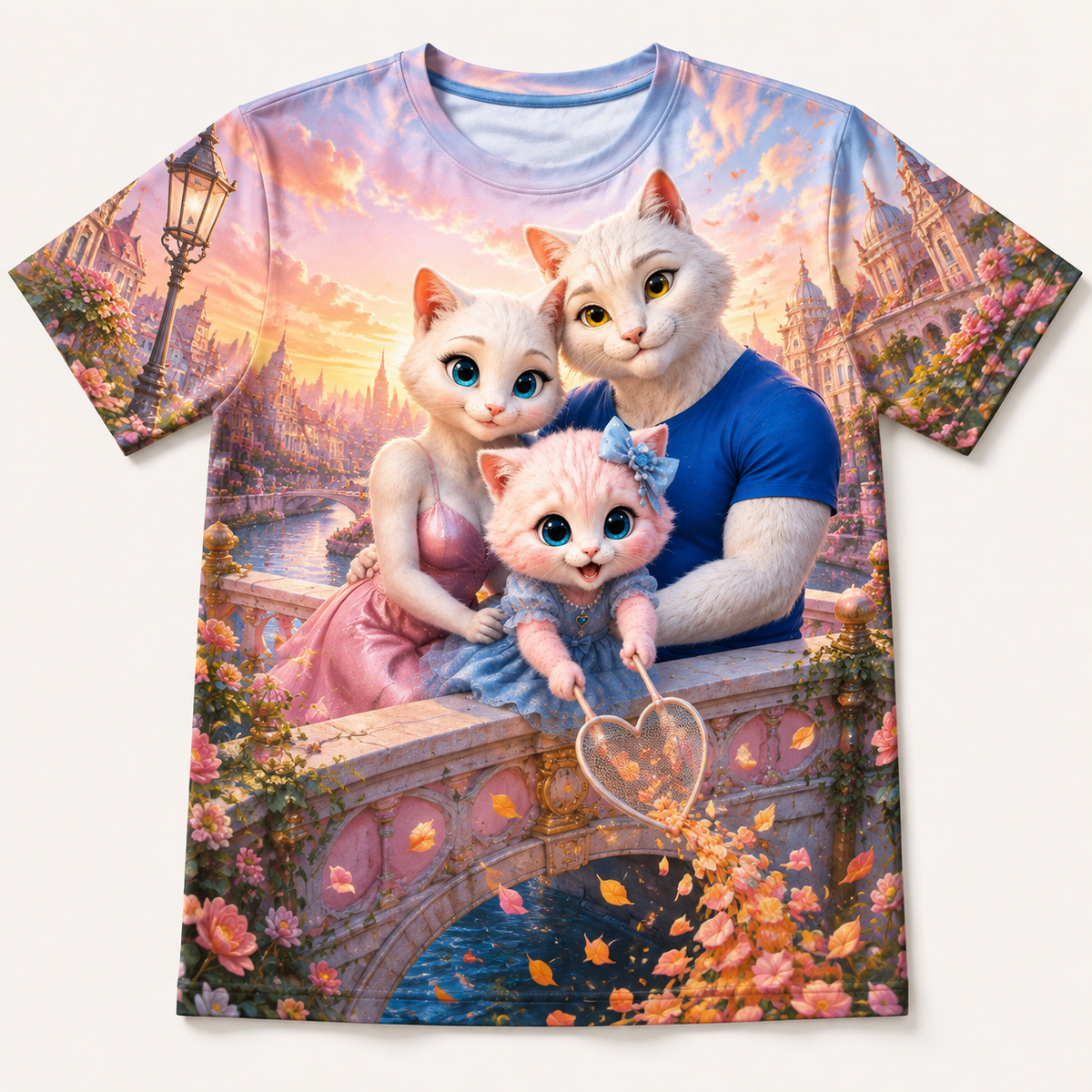 Canal Leaf Catch all-over print T-shirt front view with the whole cat family — The Fluffy Fam