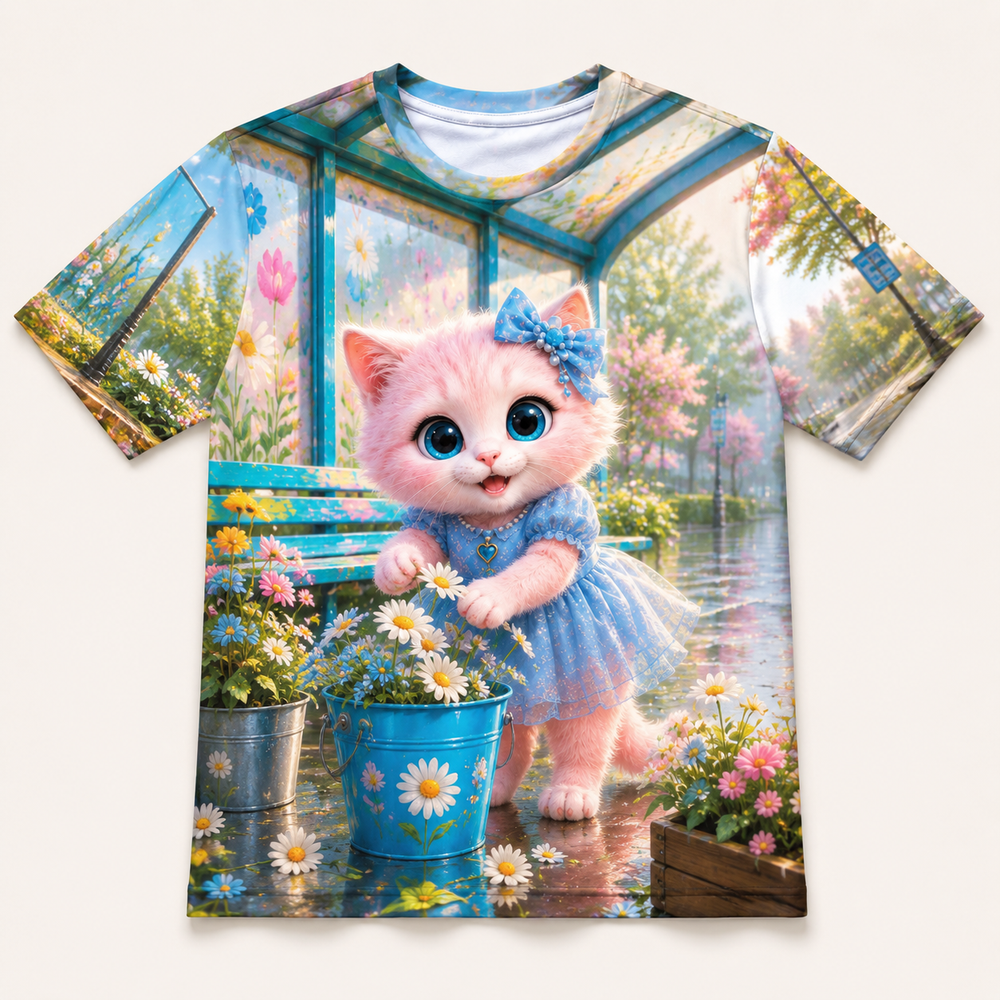 Bus Shelter Bloom all-over print T-shirt front view with Pink Kitten — The Fluffy Fam