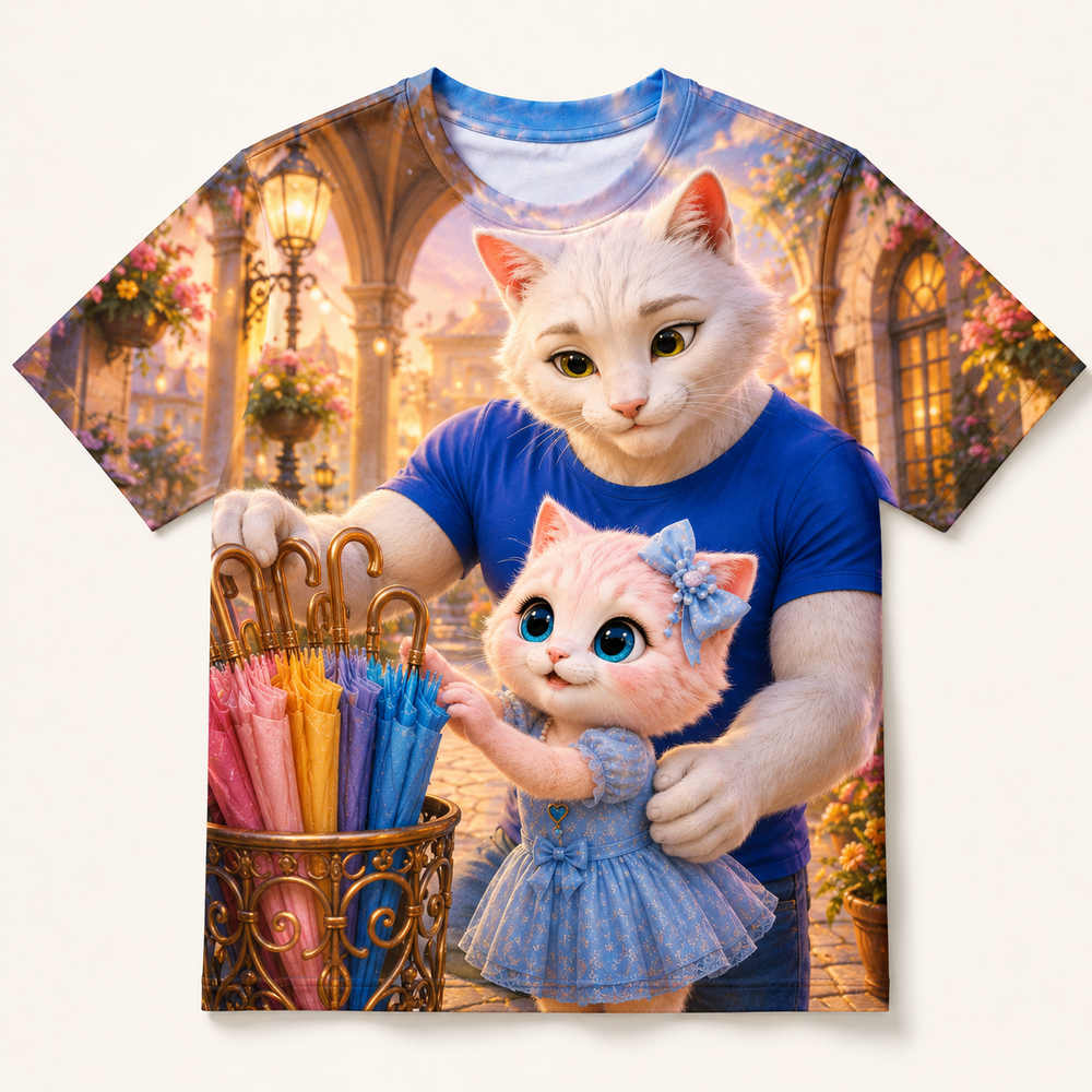 Umbrella Rack Rainbow all-over print T-shirt front view with Dad Cat and Pink Kitten — The Fluffy Fam
