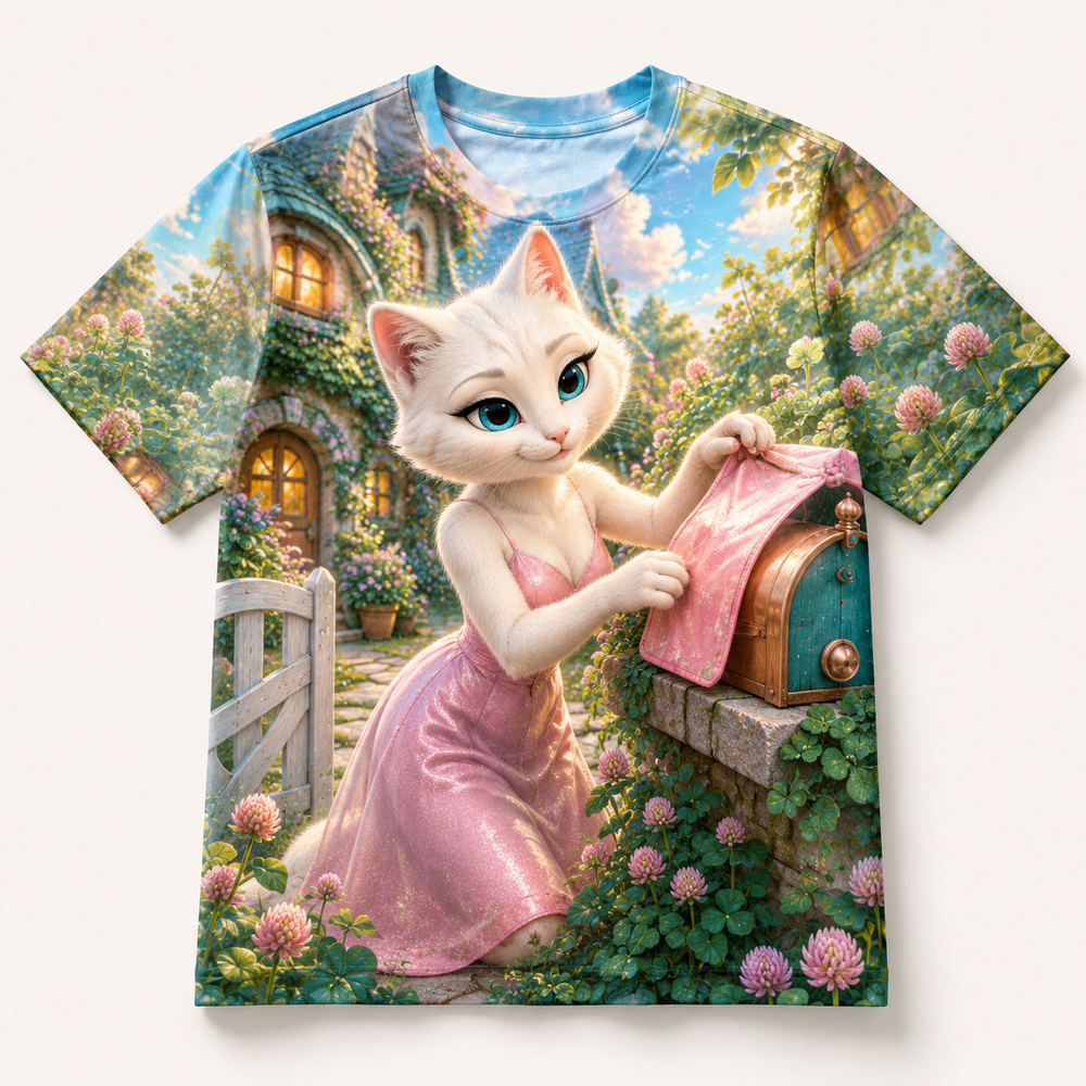 Cottage Mailbox Hood Fix all-over print T-shirt front view with Mom Cat — The Fluffy Fam