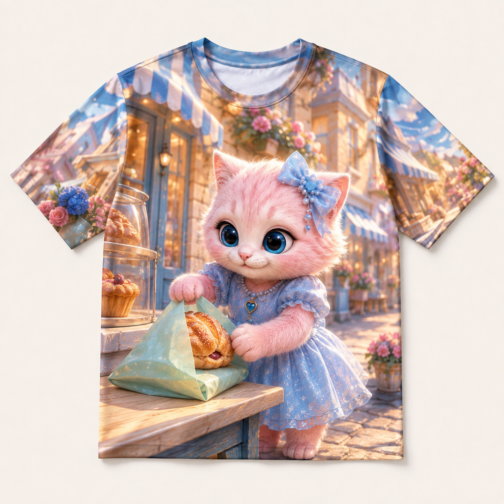 Pastry Parcel Rain Wrap all-over print T-shirt front view with Pink Kitten — The Fluffy Fam