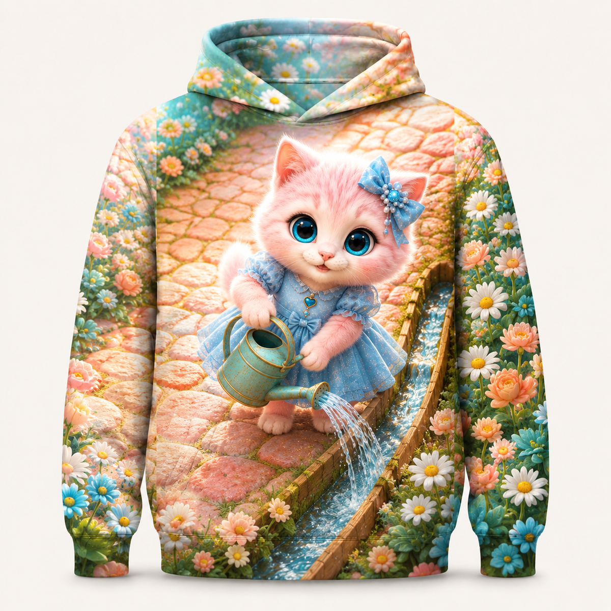 Cobblestone Rivulet Guide all-over print hoodie front view with Pink Kitten — The Fluffy Fam
