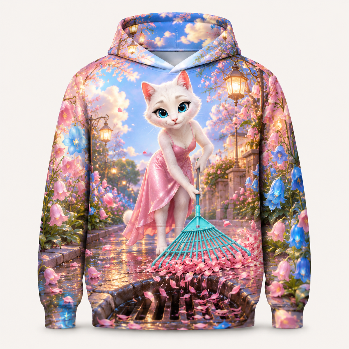 Bellflower Drain Clearing all-over print hoodie front view with Mom Cat — The Fluffy Fam