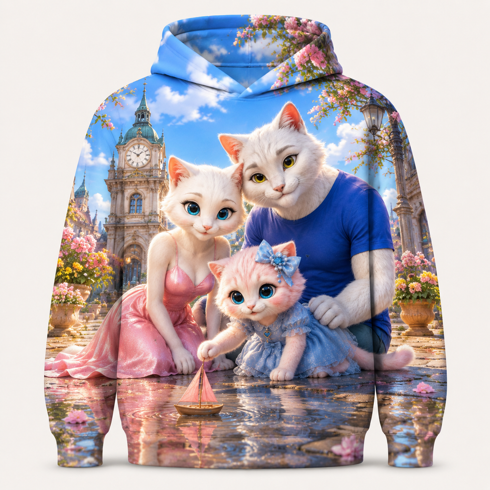 Puddle Sailboat Return all-over print hoodie front view with the whole cat family — The Fluffy Fam