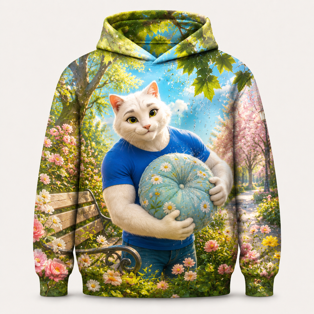 Bench Cushion Rescue all-over print hoodie front view with Dad Cat — The Fluffy Fam