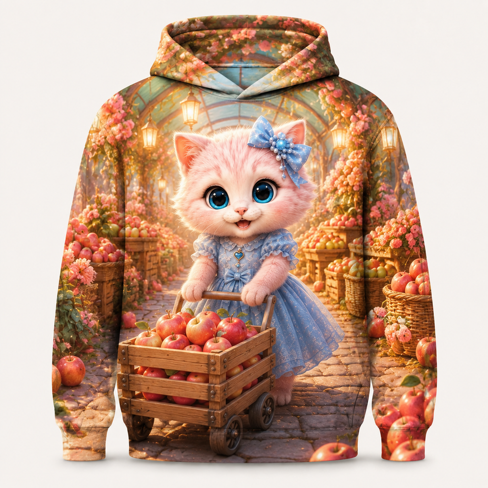 Fruit Cart Tuck-In all-over print hoodie front view with Pink Kitten — The Fluffy Fam