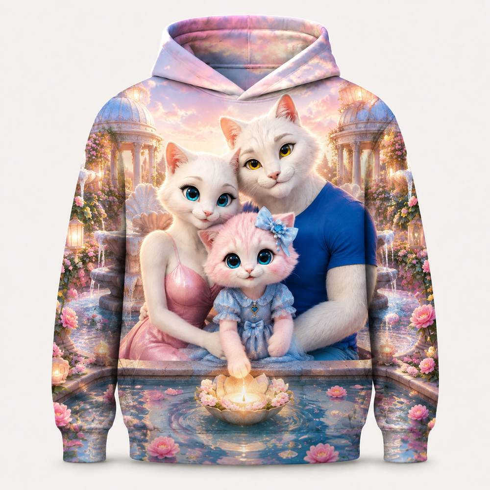 Fountain Blossom Float all-over print hoodie front view with the whole cat family — The Fluffy Fam