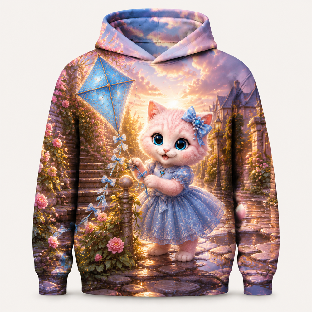 Kite Tail Corner Rescue all-over print hoodie front view with Pink Kitten — The Fluffy Fam