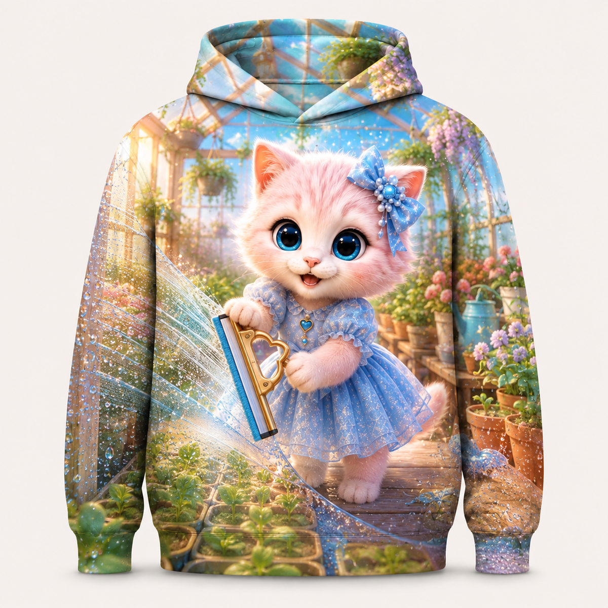 Greenhouse Pane Polish all-over print hoodie front view with Pink Kitten — The Fluffy Fam