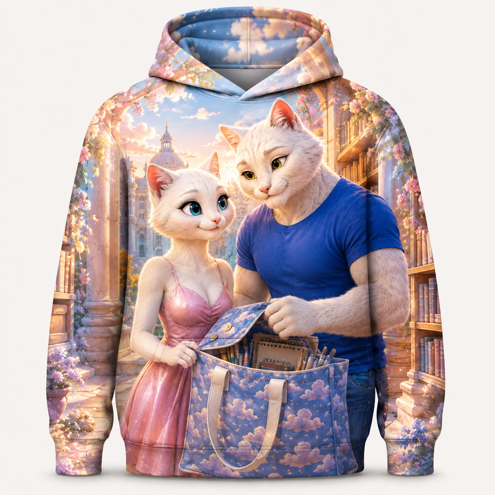 Art Tote Shelter all-over print hoodie front view with Dad Cat and Mom Cat — The Fluffy Fam