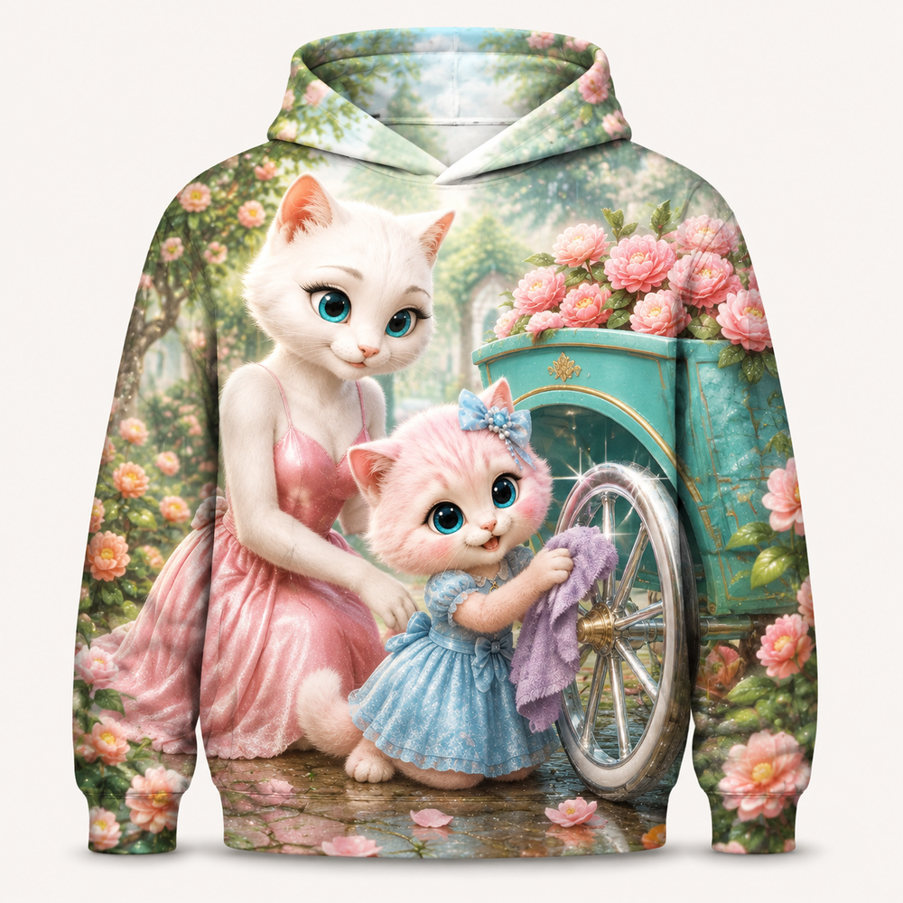 Flower Cart Wheel Shine all-over print hoodie front view with Mom Cat and Pink Kitten — The Fluffy Fam