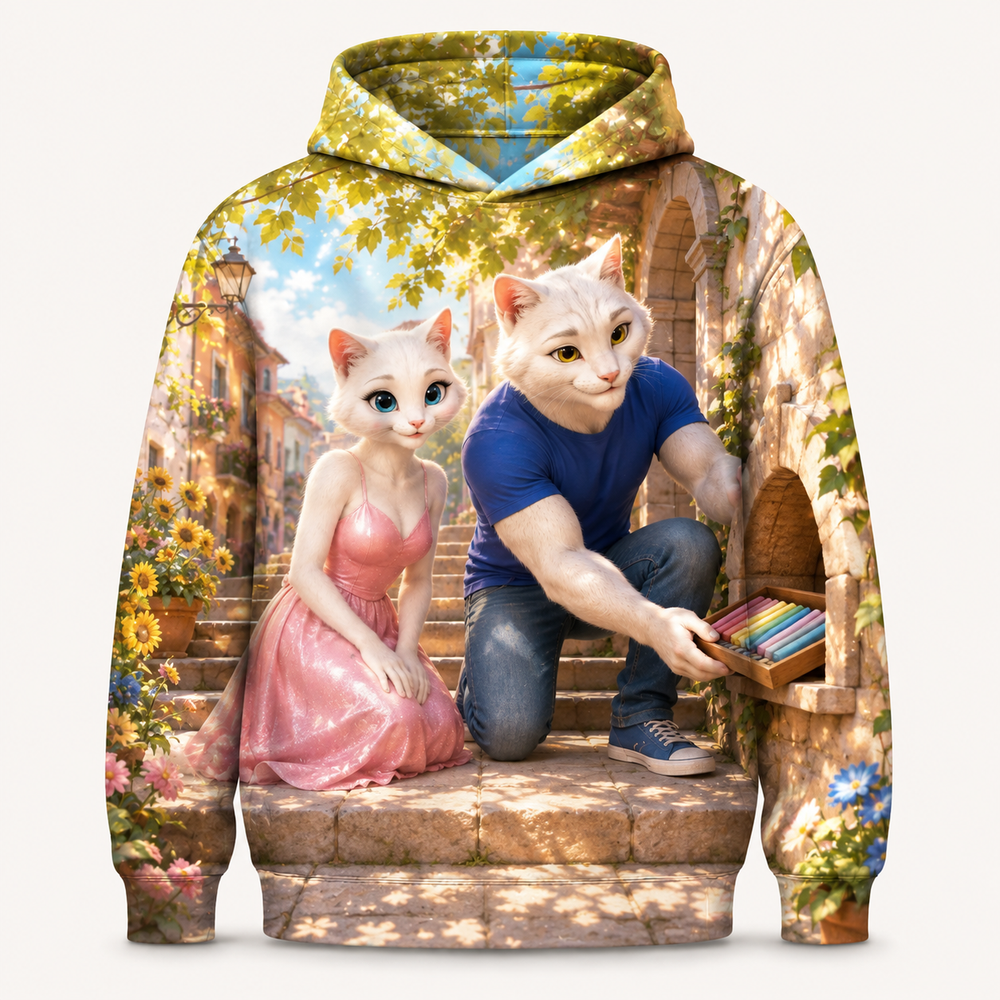 Sidewalk Chalk Save all-over print hoodie front view with Dad Cat and Mom Cat — The Fluffy Fam