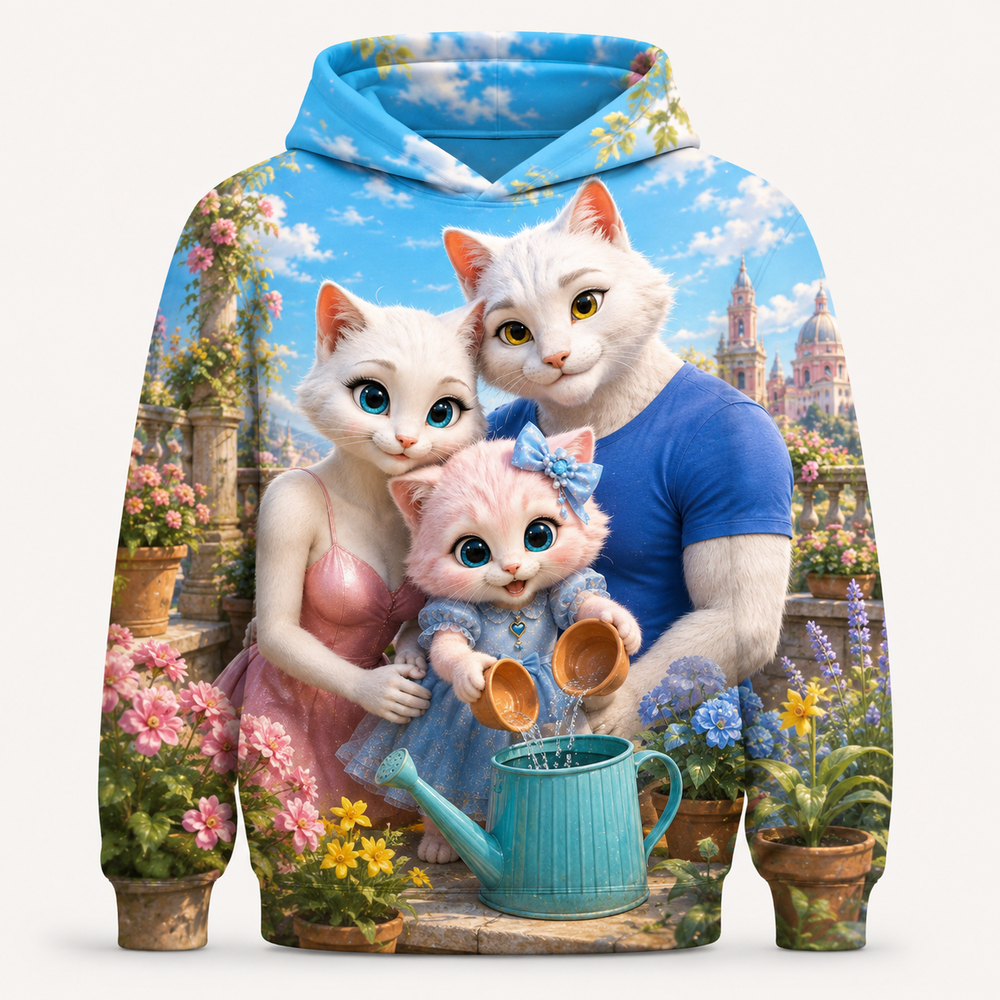 Balcony Saucer Pour all-over print hoodie front view with the whole cat family — The Fluffy Fam