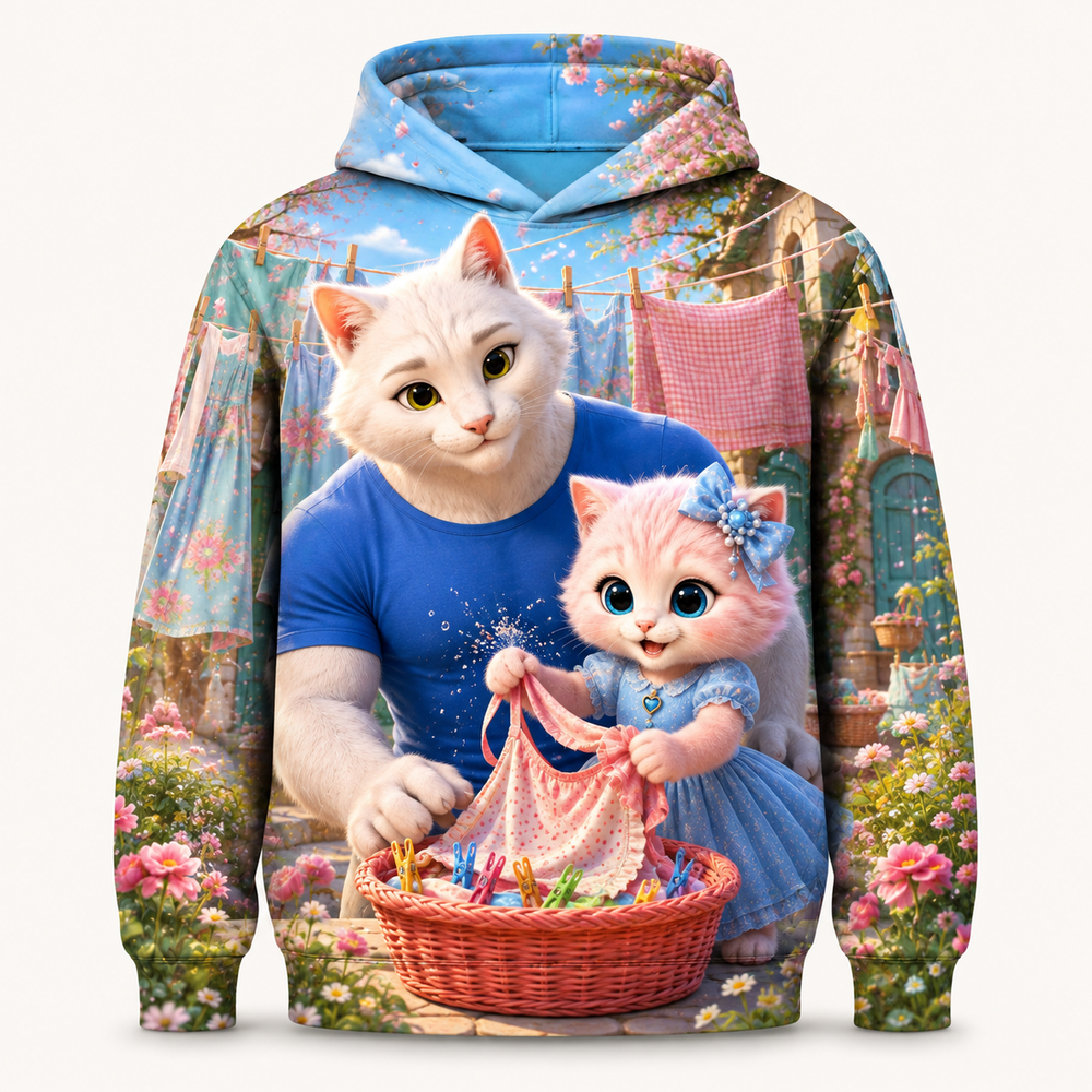 Apron Clothesline Dash all-over print hoodie front view with Dad Cat and Pink Kitten — The Fluffy Fam