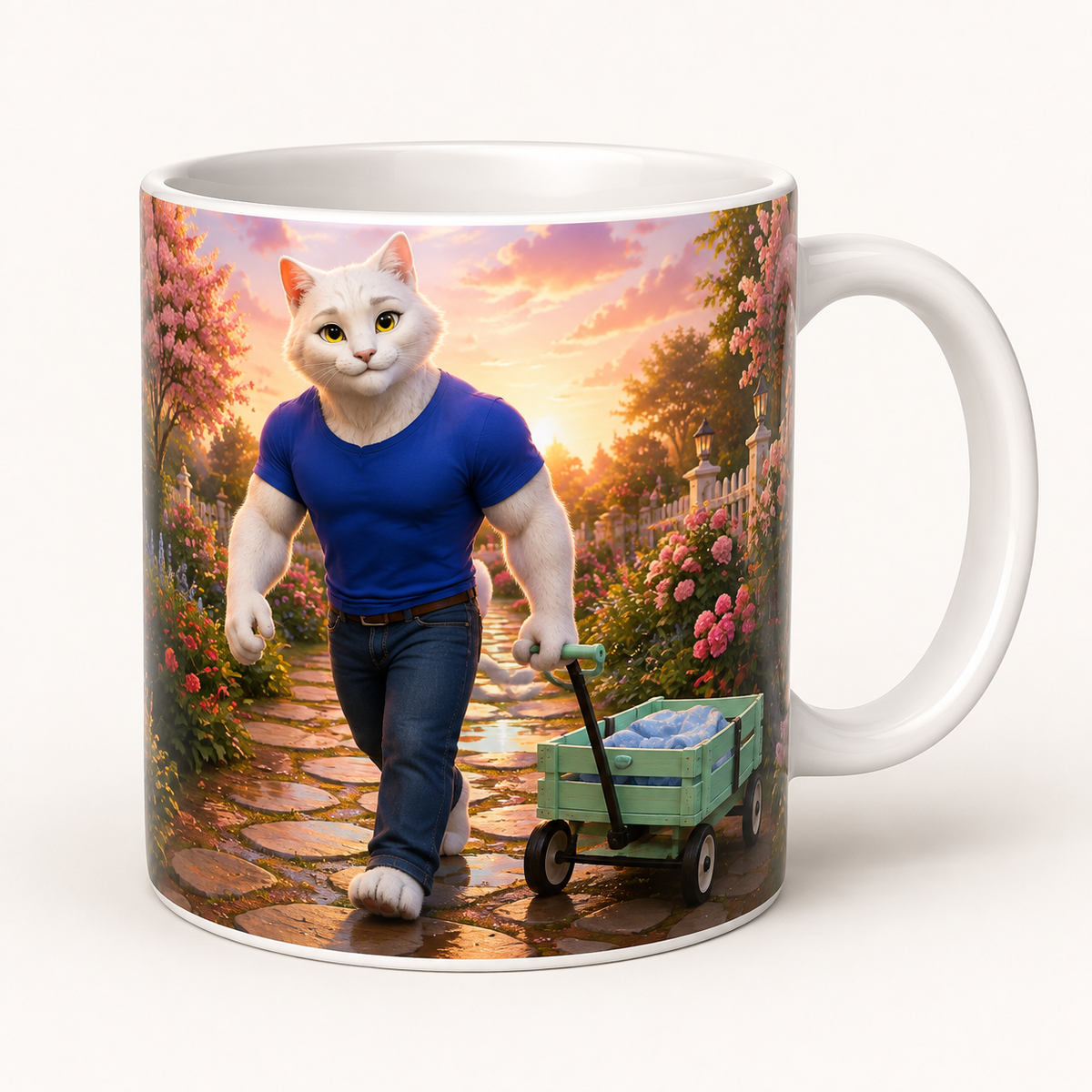 Toy Wagon Dry-Path Tow ceramic mug front view with Dad Cat — The Fluffy Fam