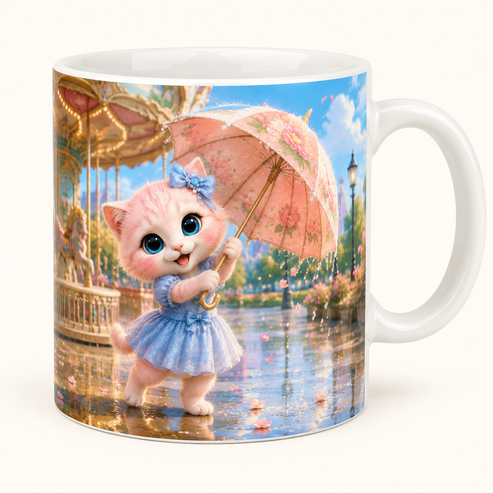 Umbrella Flower Spin ceramic mug front view with Pink Kitten — The Fluffy Fam