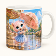 Umbrella Flower Spin ceramic mug front view with Pink Kitten — The Fluffy Fam
