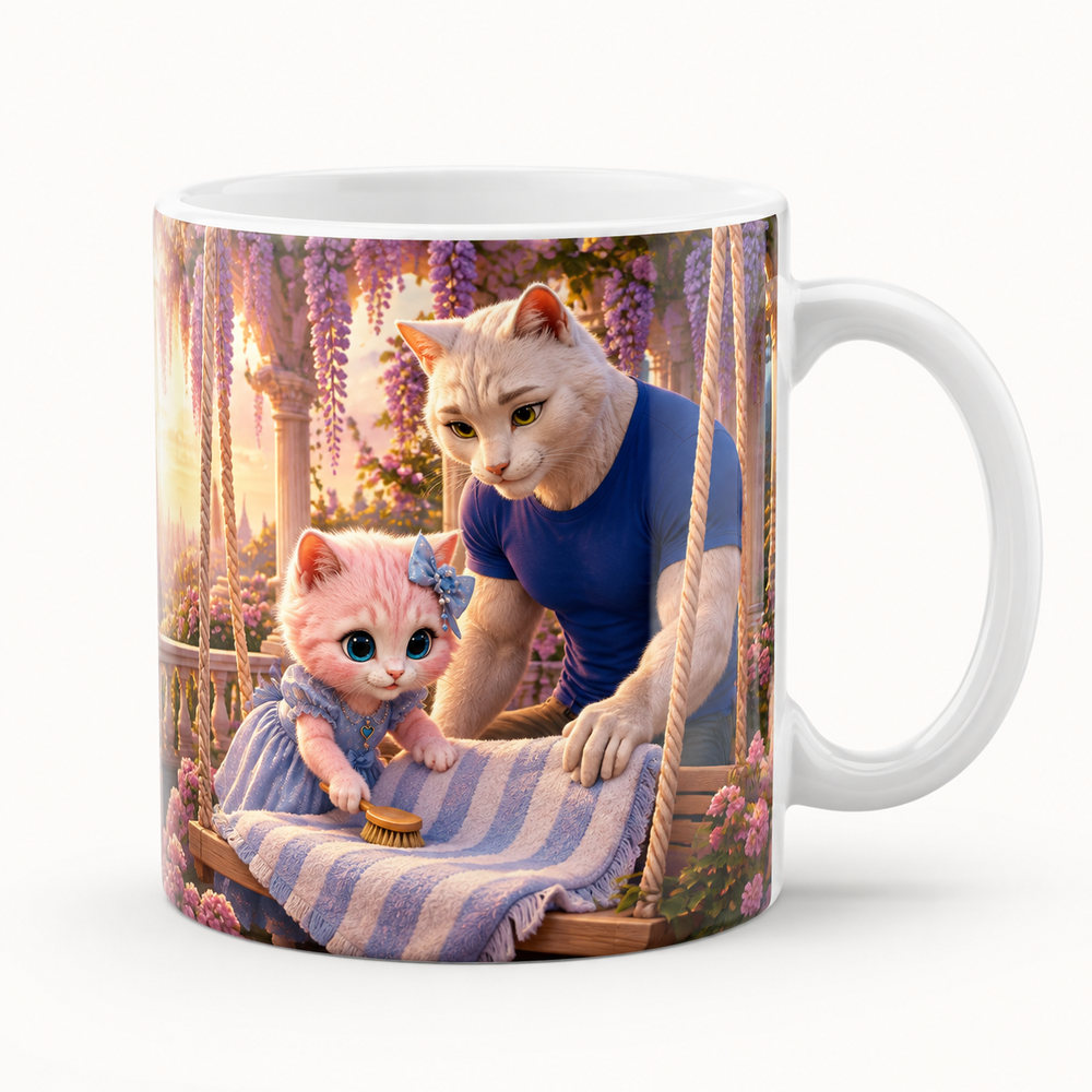 Porch Swing Seat Dry ceramic mug front view with Dad Cat and Pink Kitten — The Fluffy Fam