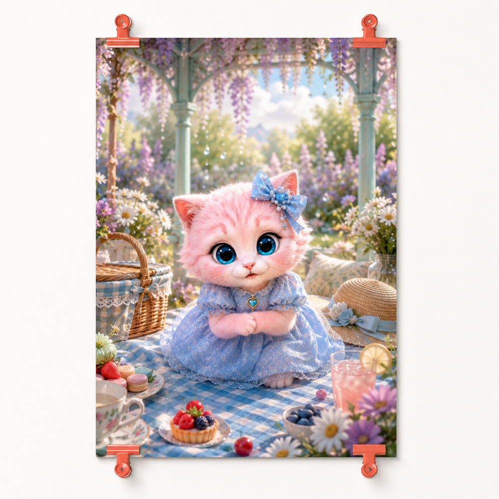 Canopy Picnic Clip-Up art print front view with Pink Kitten — The Fluffy Fam