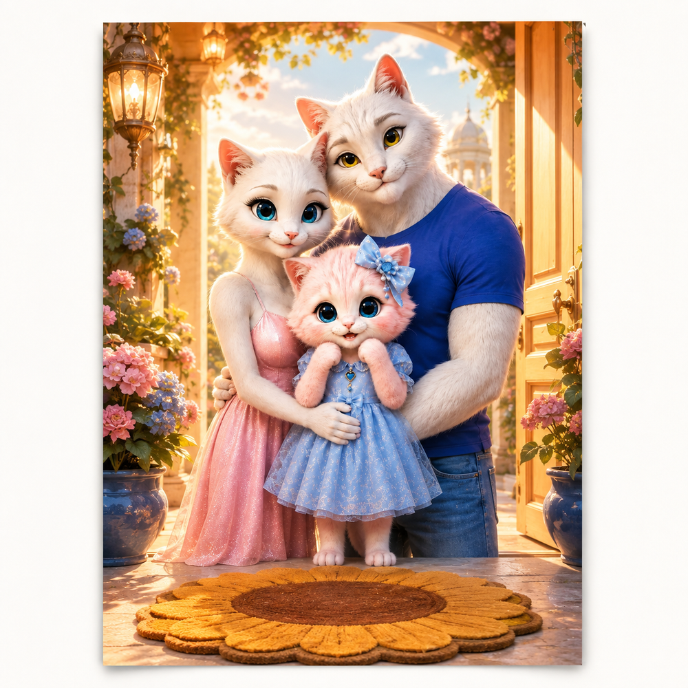 Sunflower Doormat Swap art print front view with the whole cat family — The Fluffy Fam