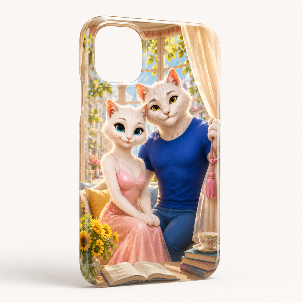Bay Curtain Tuck phone case front view with Dad Cat and Mom Cat — The Fluffy Fam