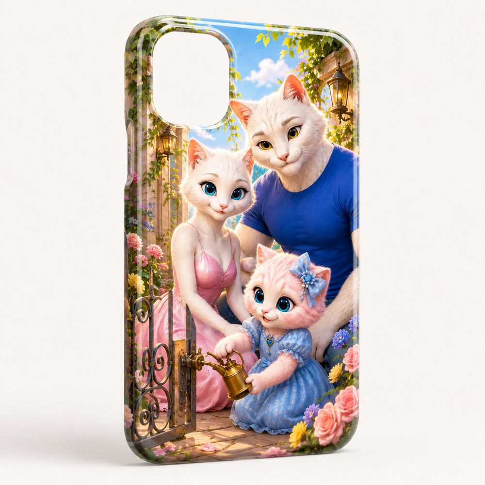 Garden Gate Raindrop Tune-Up phone case front view with the whole cat family — The Fluffy Fam