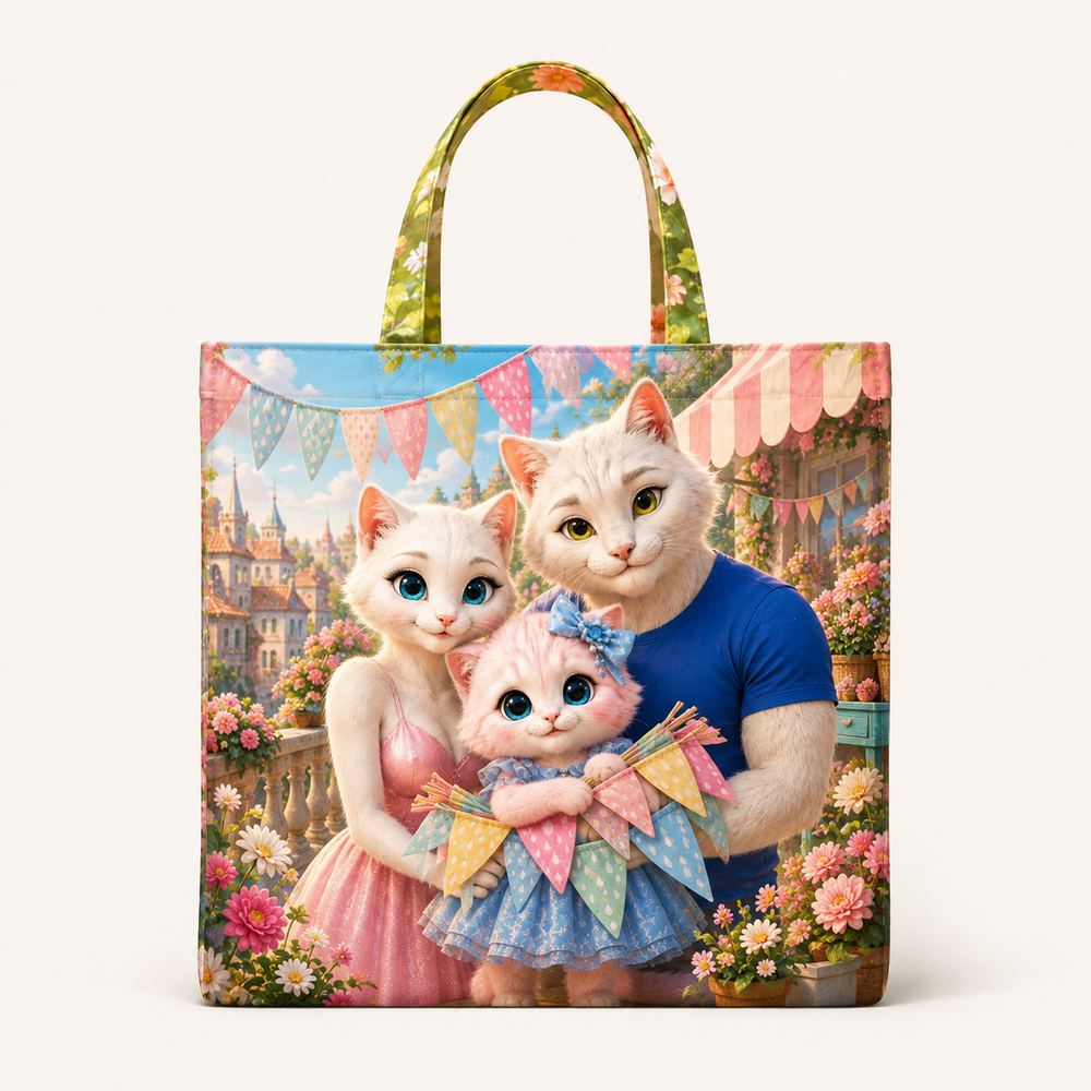 Festival Bunting Undercover canvas tote bag front view with the whole cat family — The Fluffy Fam