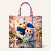 Puddle Reflection Portrait canvas tote bag front view with Dad Cat and Pink Kitten — The Fluffy Fam
