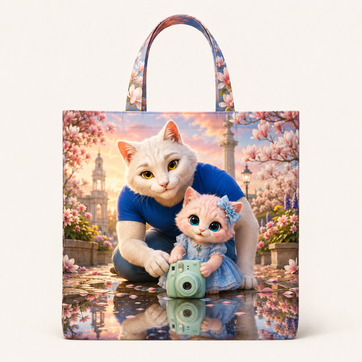 Puddle Reflection Portrait canvas tote bag front view with Dad Cat and Pink Kitten — The Fluffy Fam