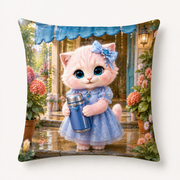 Warm Cocoa Stoop Arrival throw pillow front view with Pink Kitten — The Fluffy Fam